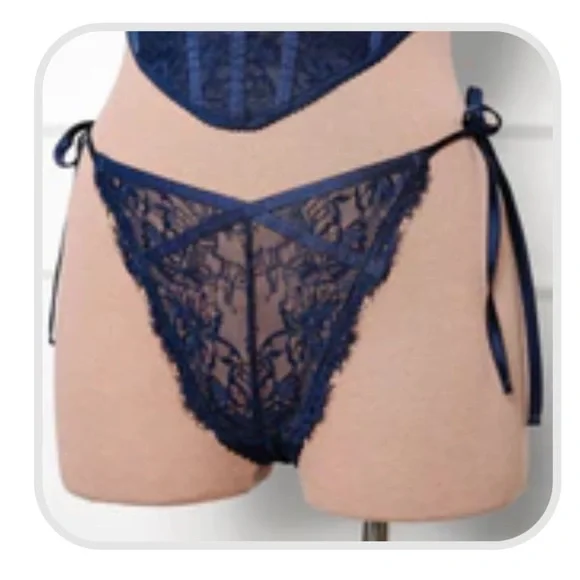 Mentionables Eyelash lace bow bralette and lacy side tie panty in navy XL - Picture 5 of 5